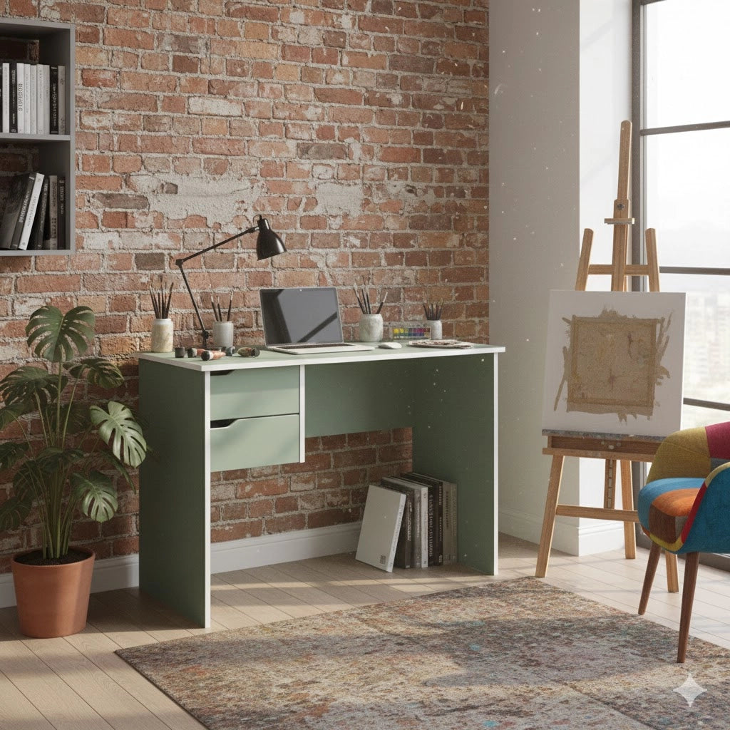 Scrittoio scrivania con 2 cassetti per studio e ufficio dimensioni 90x50x73 cm colore verde salvia