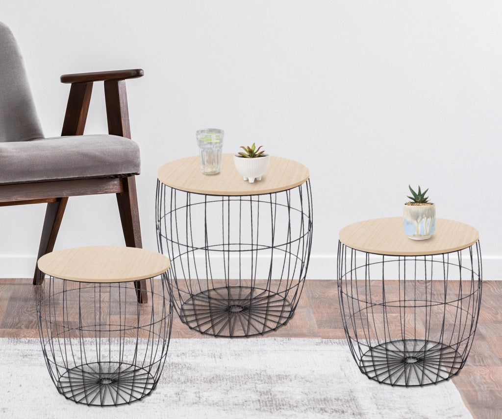 Set 3 Tavolini Da Salotto Sovrapponibili Rotondi Design Moderno Tavolino Da Caffè Estraibili Mobile Soggiorno Tavolo Divano Top In Legno Struttura In Acciaio Stile Industrial Vano Porta Oggetti  - Naturale - Modello 1