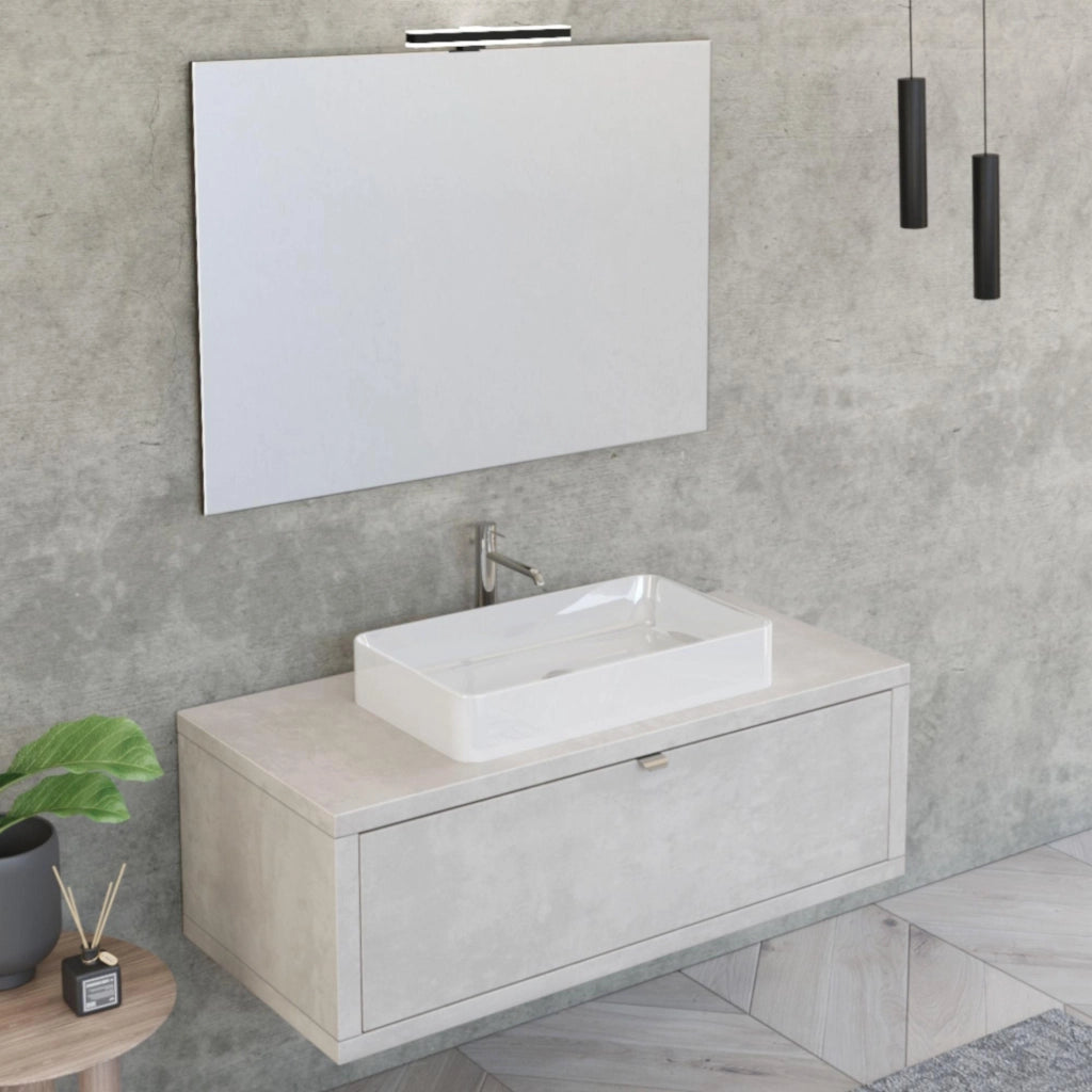 Mobile Bagno Sospeso 110 cm Lavabo e Specchio Bonussi Orione Grigio Effetto Cemento