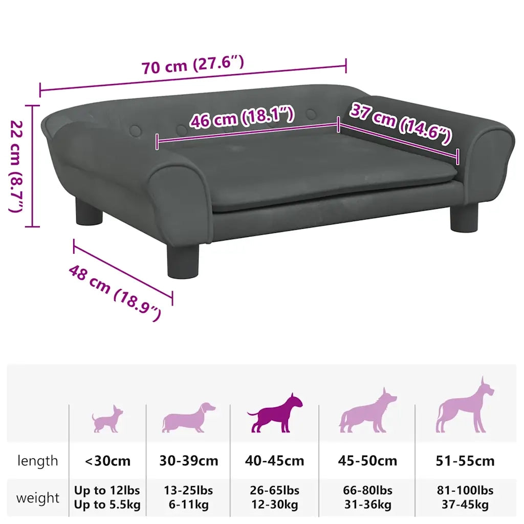 Lettino per Cani Grigio Scuro 70x48x22 cm in Velluto CFW1456560