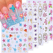 Nail Stickers Accessori per Acconciature di Nail, 3D Autoadesivi per Unghie con Disegno Hawaii con Delfini e Hibiscus, 6 Pezzi
