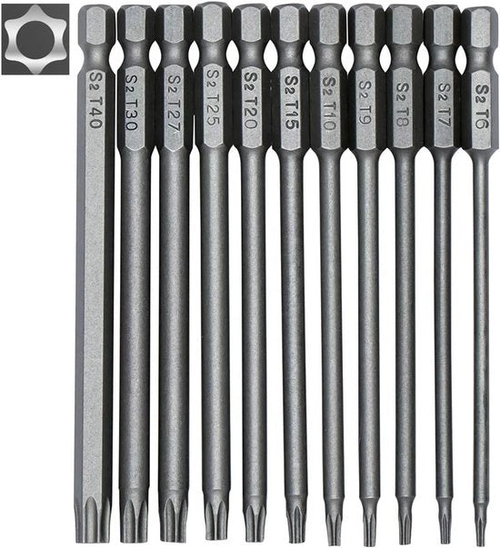 Set di Torx - 11 pezzi - set di Torx - Lungo set di Torx - Set di Torx a testa piena - S2 acciaio - con testa di sicurezza - sezione a 6 facce - 100mm - T6 T7 T8 T9 T10 T15 T20 T25 T27 T30 T40