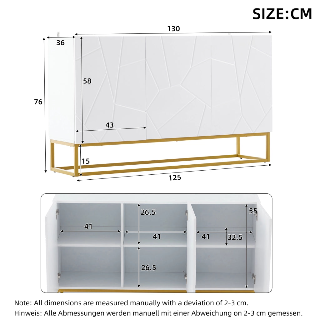 Credenza con 3 ante e ripiani regolabili, frontali lucidi, per soggiorno e ingresso, 130 × 35 × 76 cm, bianco e oro