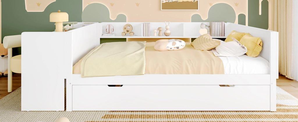 DESMIU Letto Matrimoniale con Letto Estraibile 140 × 200 cm, Scrivania, 3 Scaffali e Comodino, senza materasso