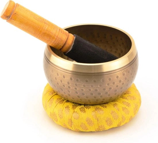 Set di campane metalliche tibetane portatile - Campana meditativa 12 cm - Set manuale con accessori - Incisione Boeddha e mantra.