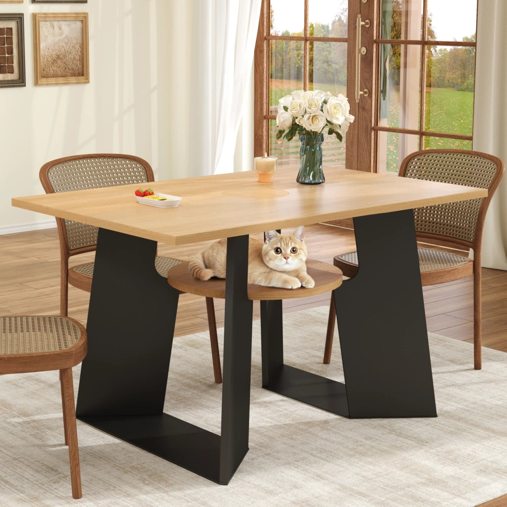 Tavolo da pranzo con apertura per gatti e ripiano inferiore in MDF nero e naturale 130 × 85 × 75 cm