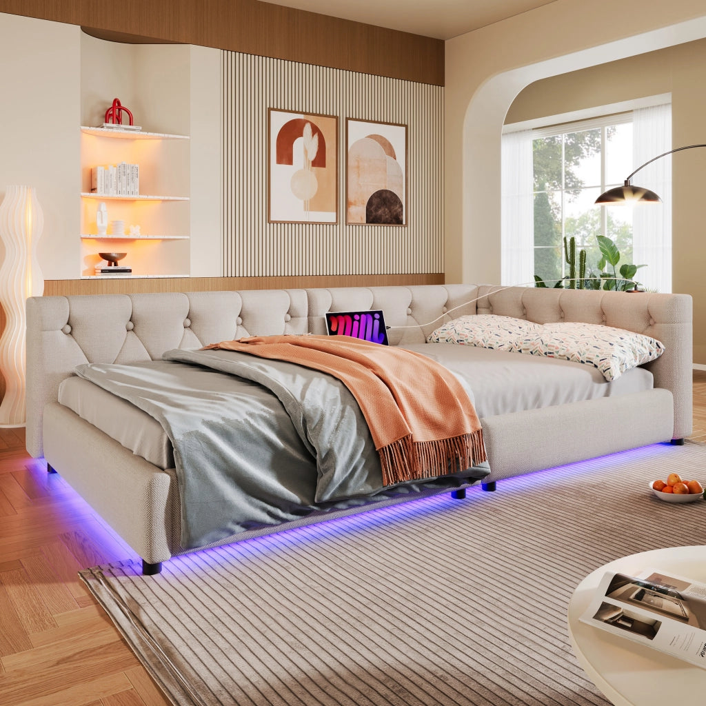 Letto divano con rete a doghe in lino beige 90x200 cm