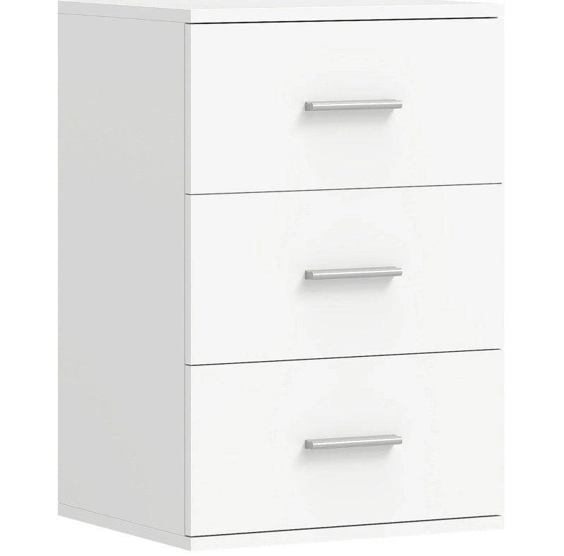 Comodino bianco in MDF con 3 cassetti e maniglie argento