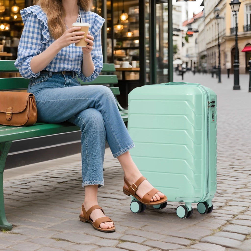 Set di 2 valigie girevoli in ABS da 14"/19" con lucchetto a combinazione e trousse da 14" (verde menta)