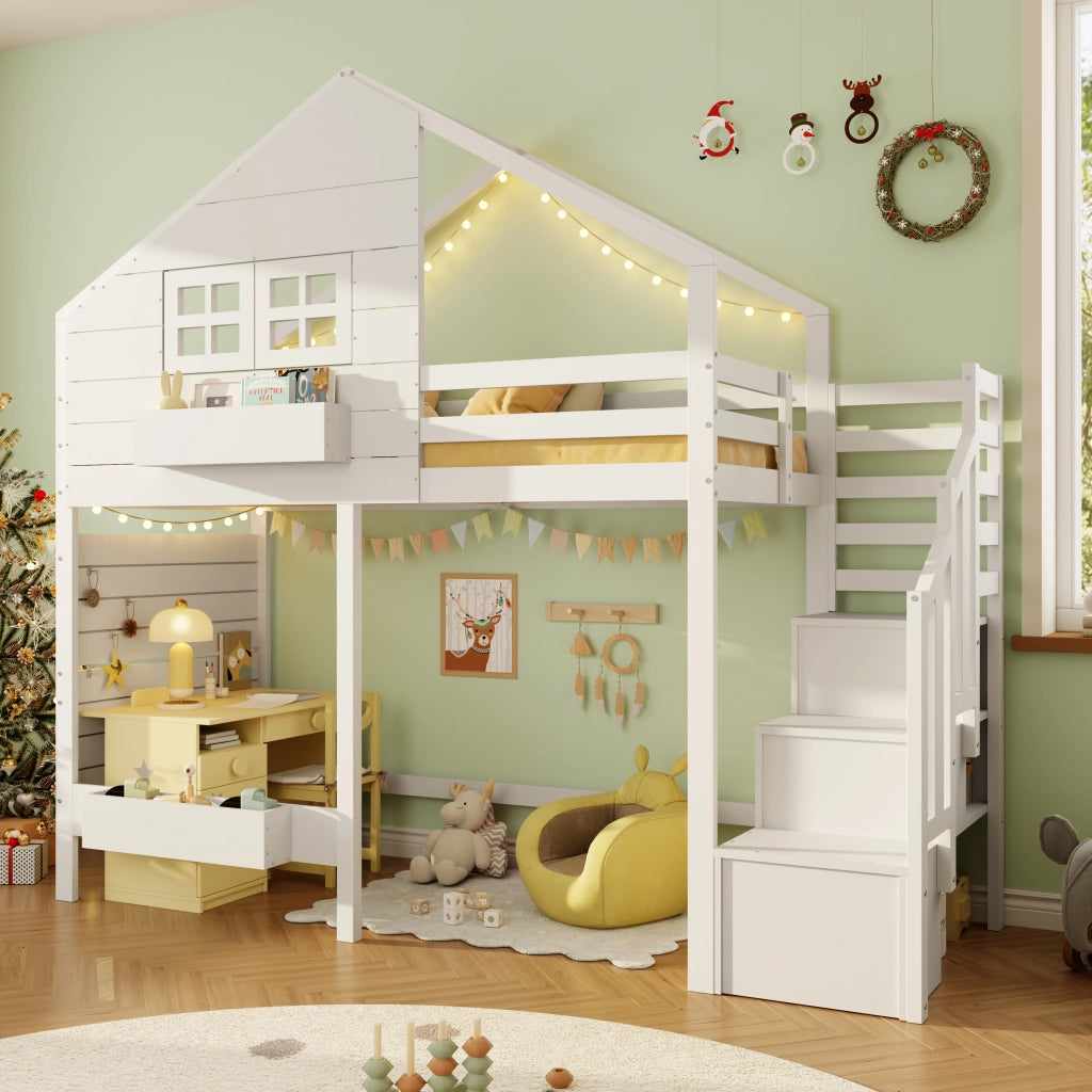 Letto a castello per bambini 90x200 cm in legno di pino massiccio, con finestra, scala contenitore e vani portaoggetti, bianco