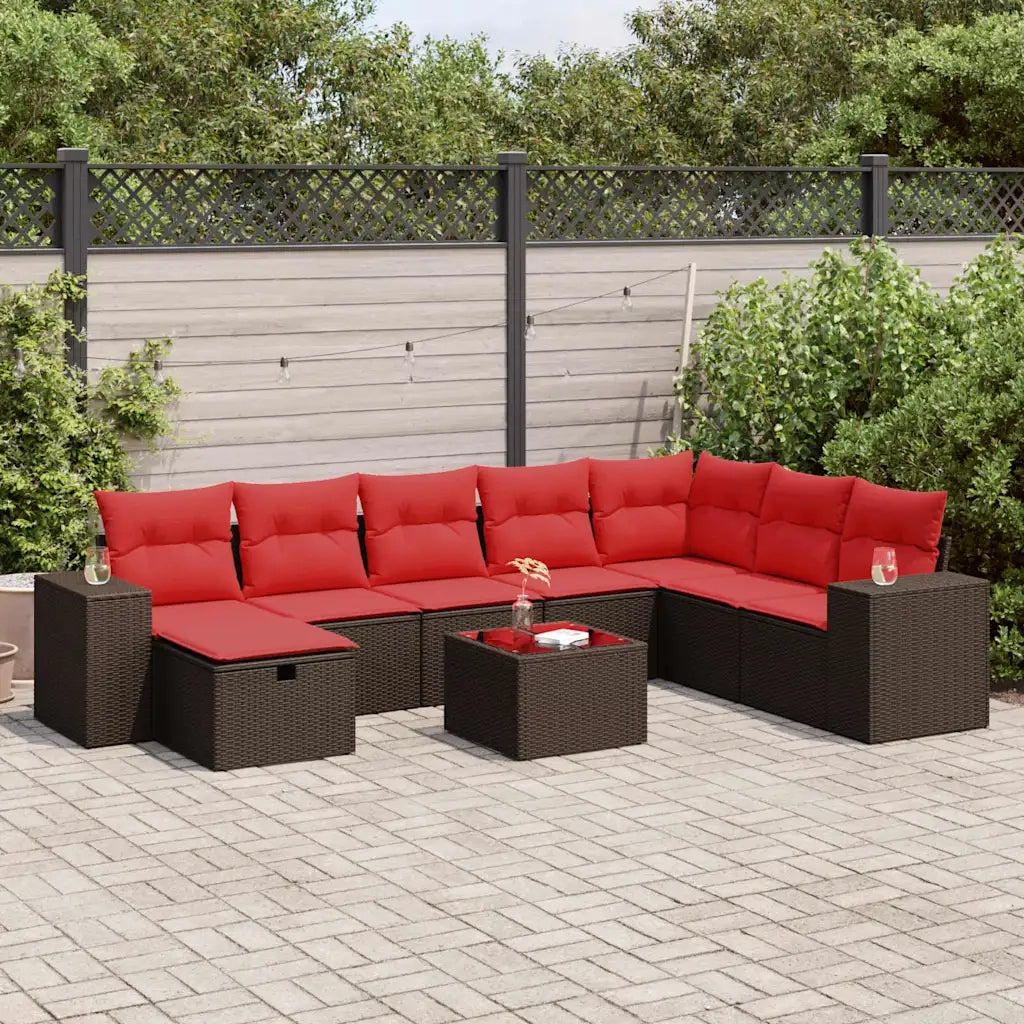 Set Divani da Giardino 9pz con Cuscini Marrone in Polyrattan
