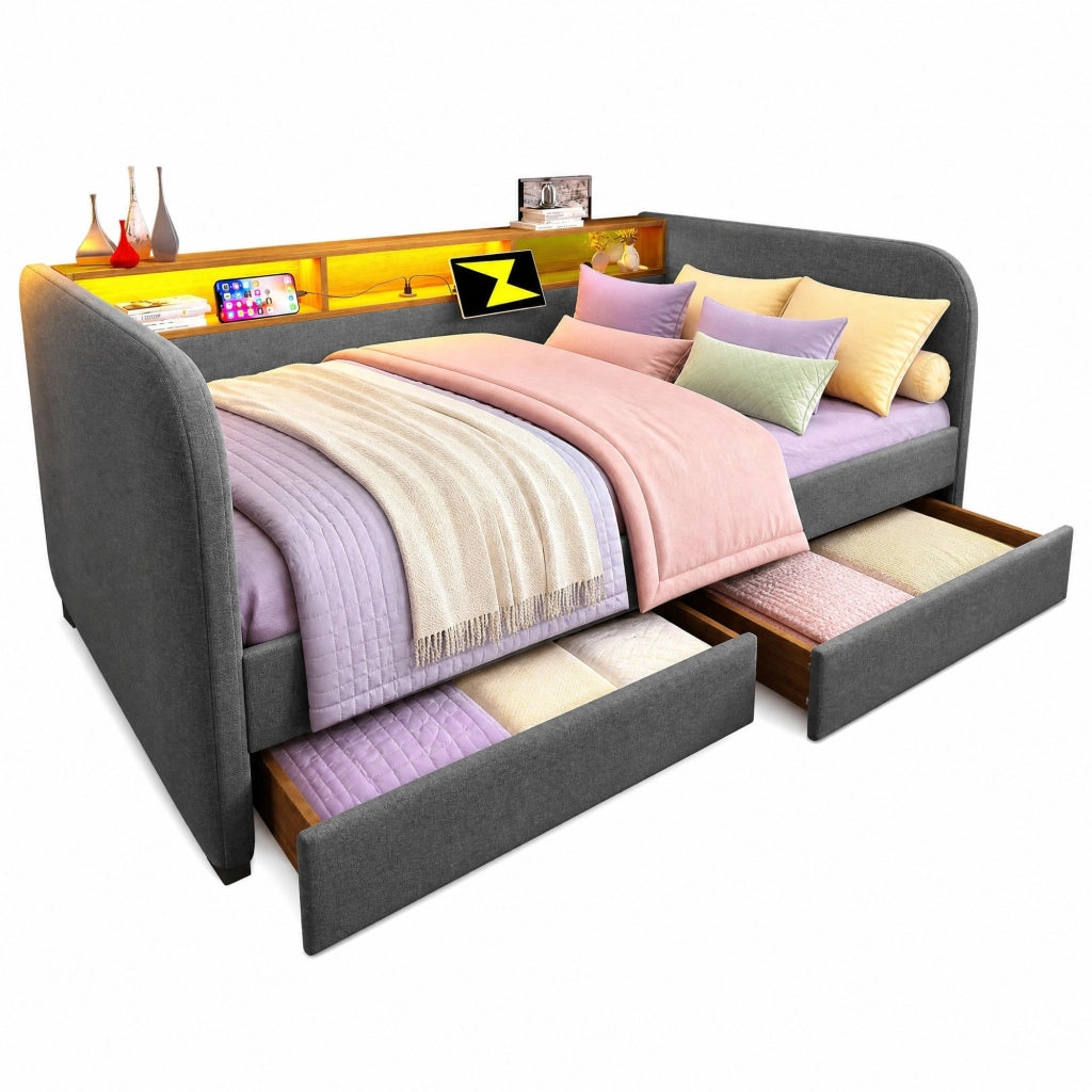 Letto imbottito 140x190 cm con LED, USB-C, 2 cassetti e rivestimento in lino grigio