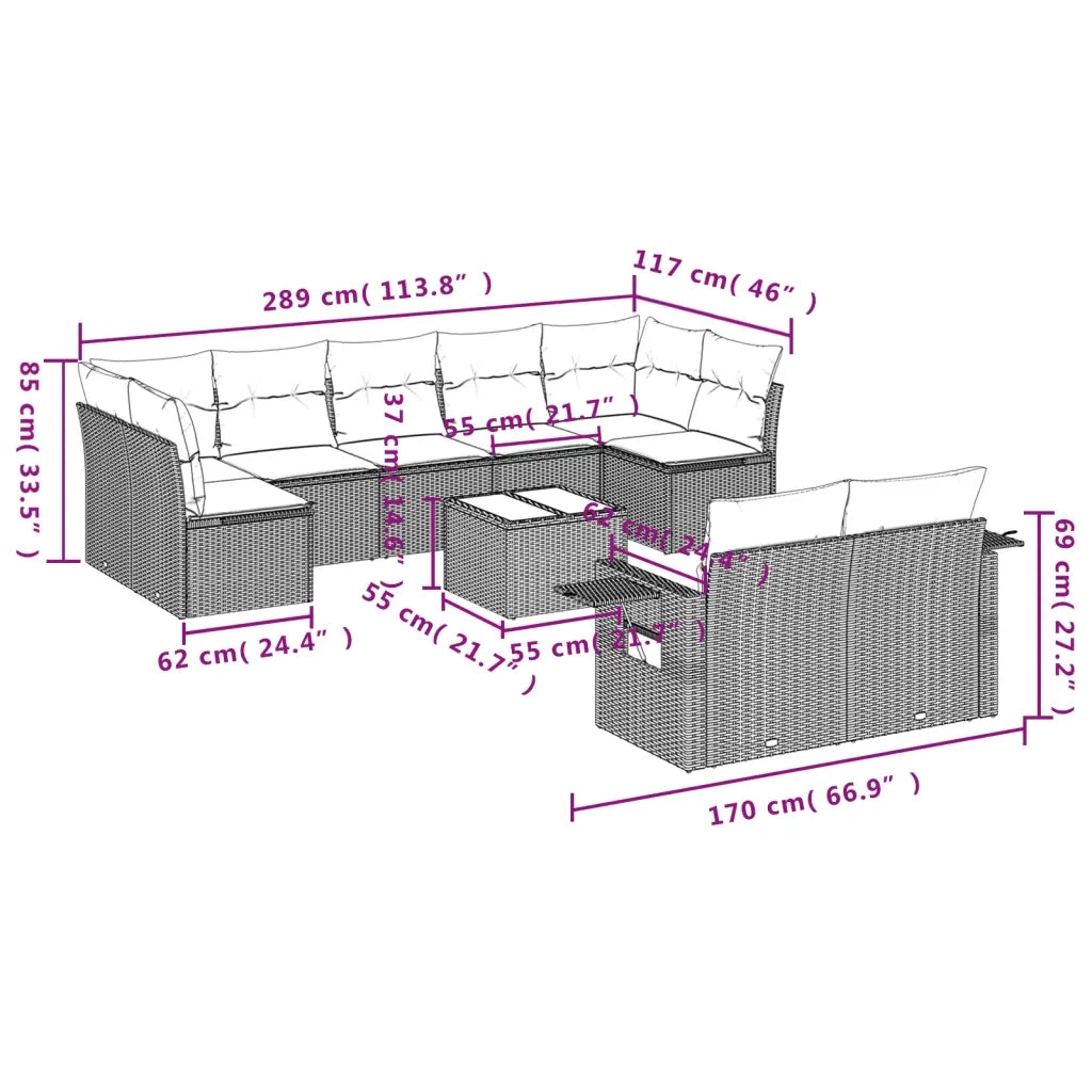 Set Divano da Giardino 10 pz con Cuscini Beige in Polyrattan