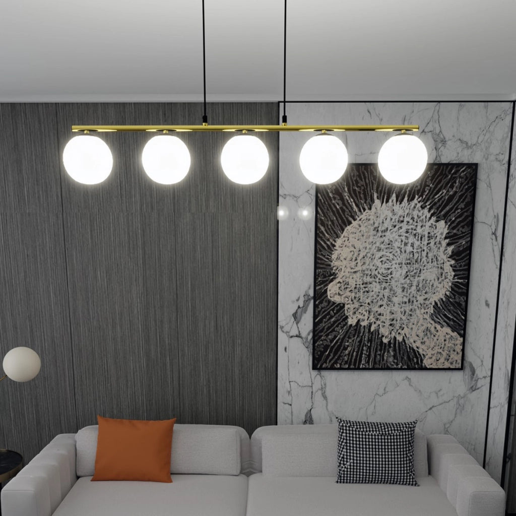 Lampada a sospensione Allora in acciaio nero e oro con sfere in vetro