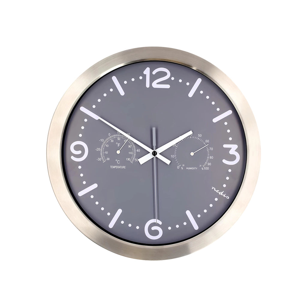 Orologio da Parete Analogico 30cmx30cm Silenzioso con Termometro e Igrometro Grigio Nedis