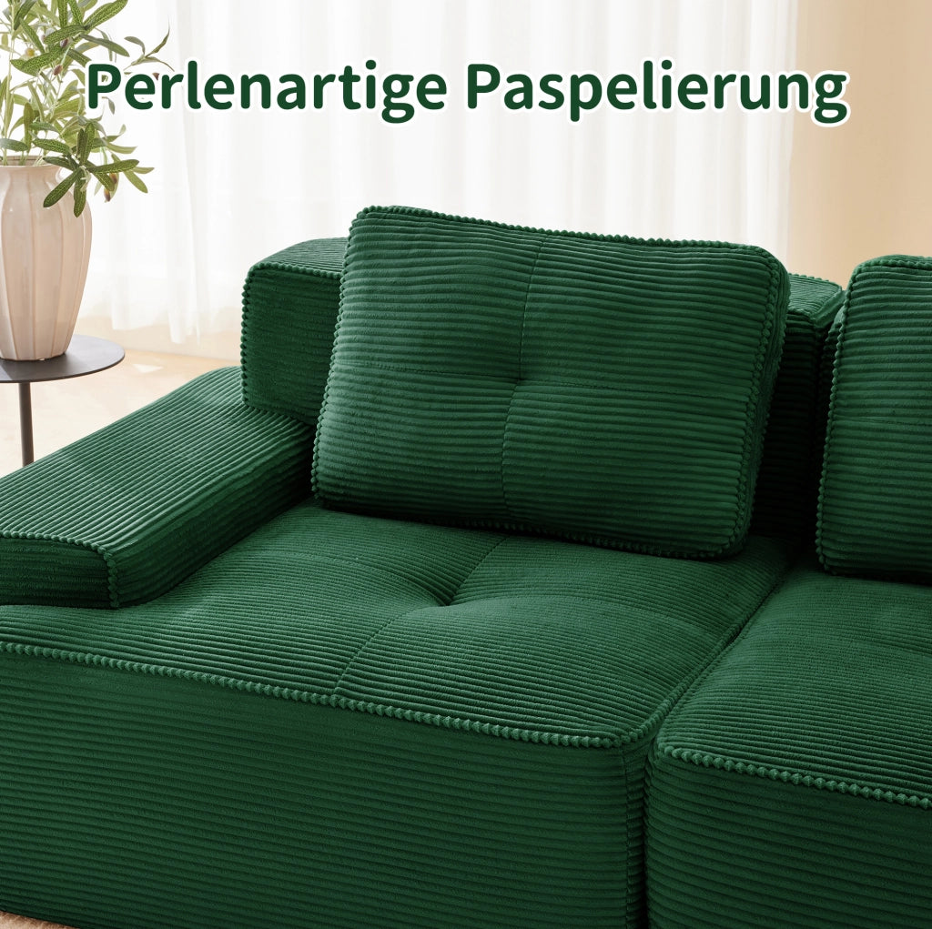 Divano modulare 4 posti con chaise longue a U 382x177x69 cm in velluto a coste verde