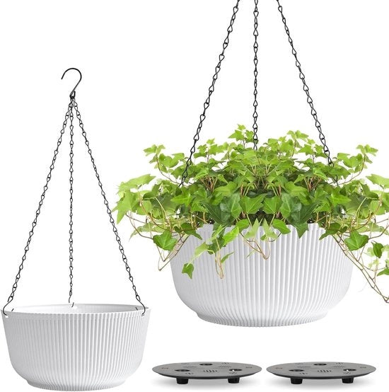 Pannelli per piante da appendere all'esterno - 2 pezzi di vasi autosufficienti per piante - cesti per piante da appendere all'interno - vaso per piante da appendere con foro di drenaggio e supporto per piante bianco - 305 cm