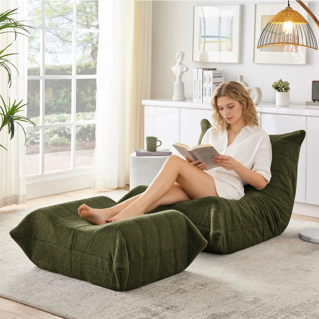 Poltrona Lazy con schienale e pouf - Zephmum- Morbido peluche verde
