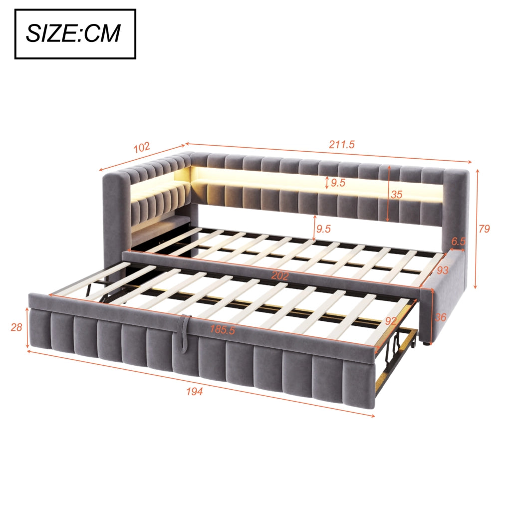 Divano letto convertibile 90x200 cm in velluto grigio scuro, LED e USB