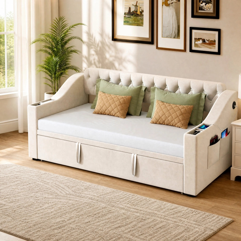 DESMIU Litto semplice 90 × 190 cm 1 posto con USB, Type-C e vani portaoggetti, senza materasso, in velluto, beige