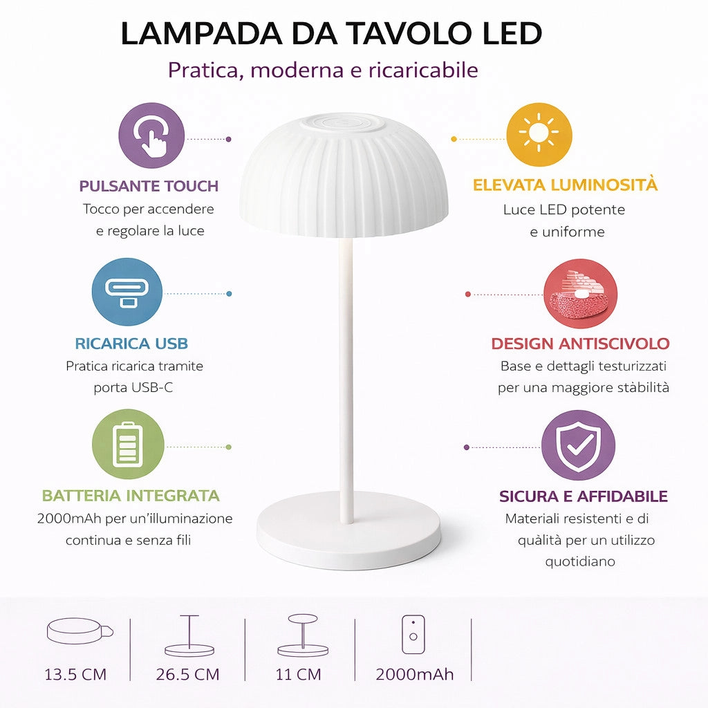 LAMPADA TAVOLO LED RICARICABILE BIANCA TOUCH USB BATTERIA 2000MAH DESIGN LPT144