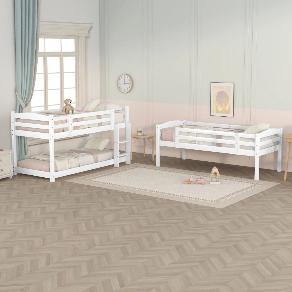 DESMIU Letto a castello 3 posti 90 × 200 cm con 2 scale, senza materasso, in pino, bianco