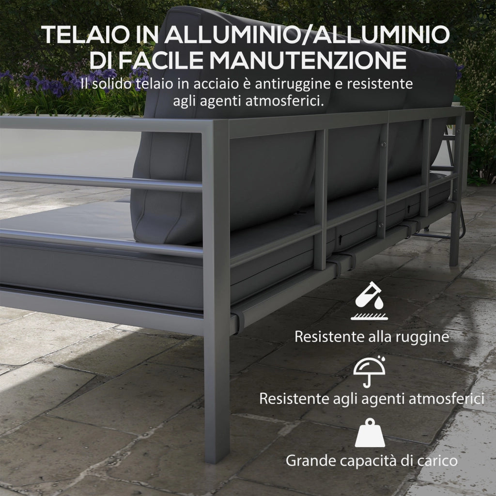 Divano da Giardino 3 Posti con Cuscini per Seduta e Schienale 185x66x64 cm in Alluminio Grigio