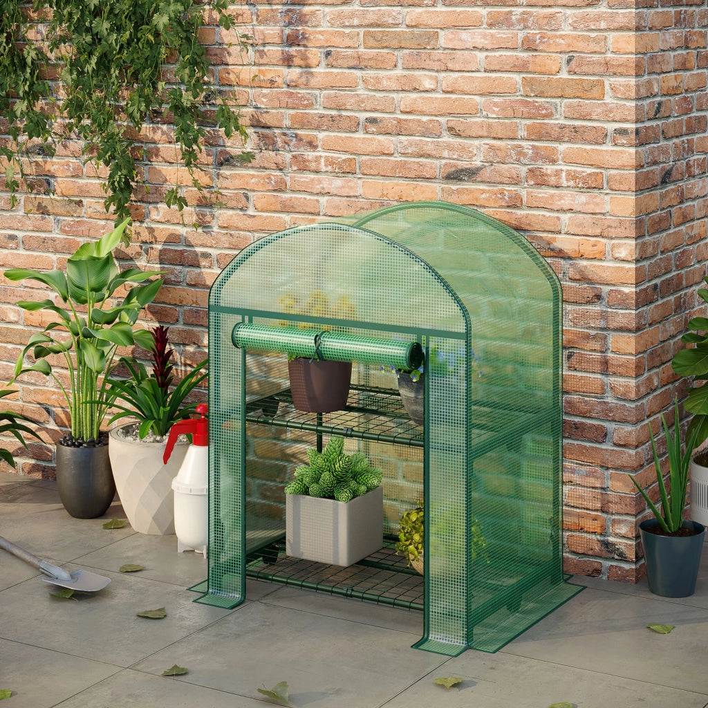 Mini Serra da Giardino con 2 Ripiani in Metallo e Copertura in PE, 69x49x92cm, Verde