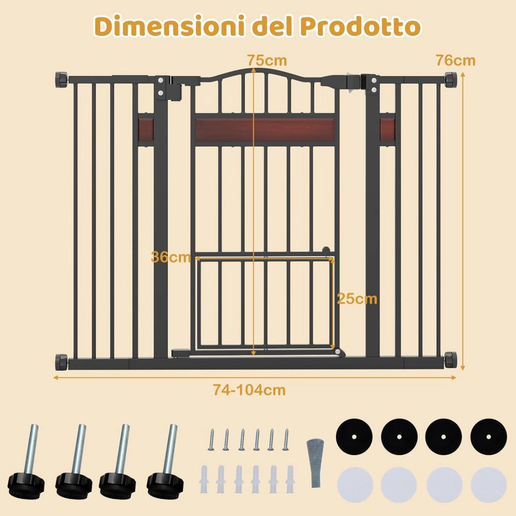 Cancelletto per Cani per Aperture 74-104 cm, Cancello per Cani con Porta Piccola, 2 Estensioni e Doppio Blocco, Cancelletto in Metallo da Interno per Cucina, Scale e Soggiorno (Nero)