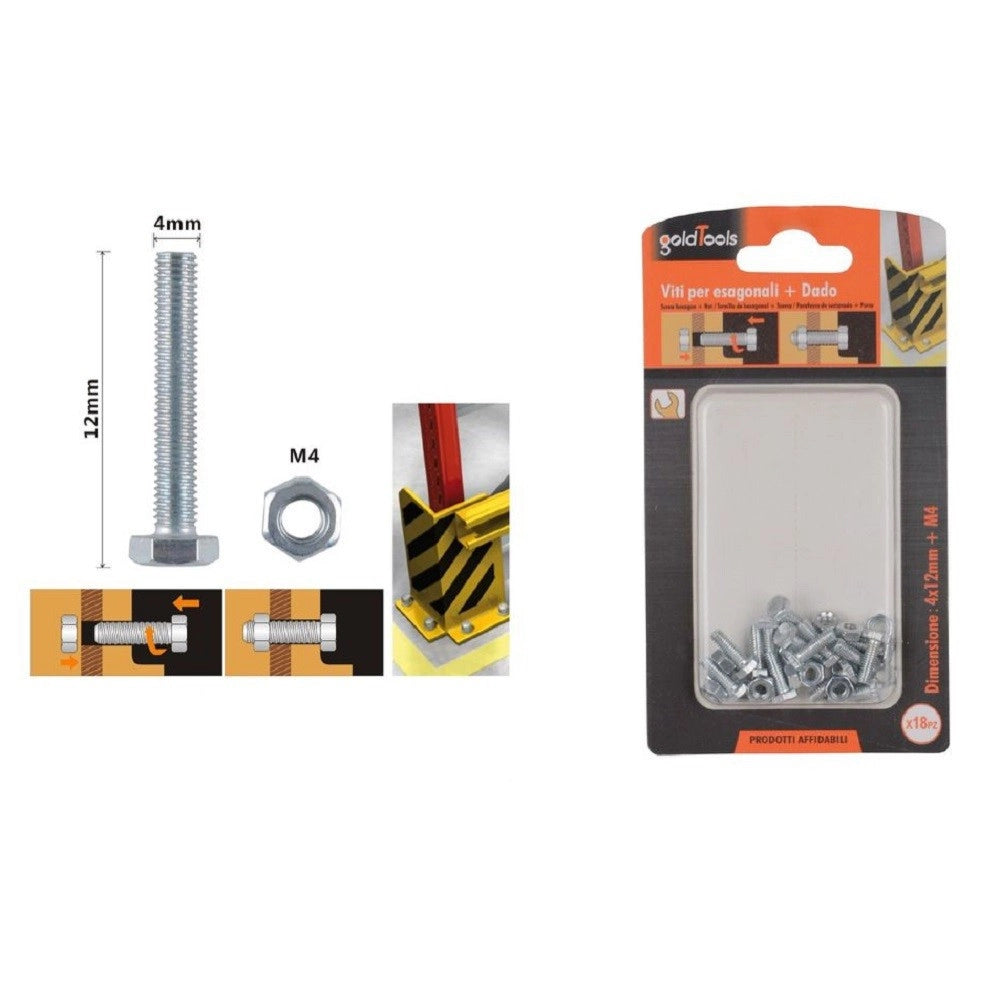 Trade Shop - Set 18 Pz Vite Viti Per Esterno A Testa Esagonali 4x12mm Con Dadi Dado M4 90903 -