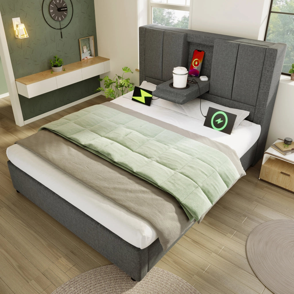 Letto imbottito 90x200 cm con porta bicchiere e stazione di ricarica, contenitore idraulico, con materasso, grigio