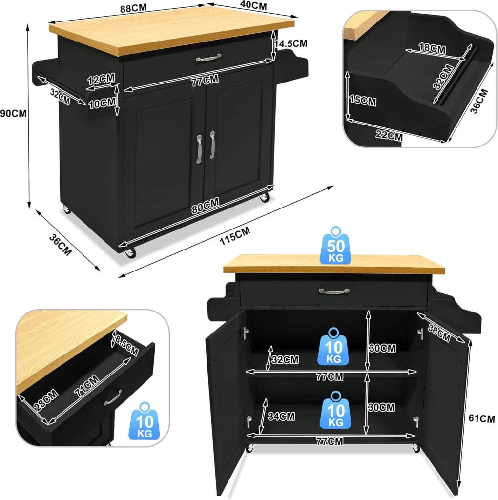 Carrello da cucina nero con ruote e piano di lavoro, carrello da cucina, isola in legno, con portasciugamani e portaspezie, mobile da cucina, carrello da cucina, 115 x 90 x 36 cm