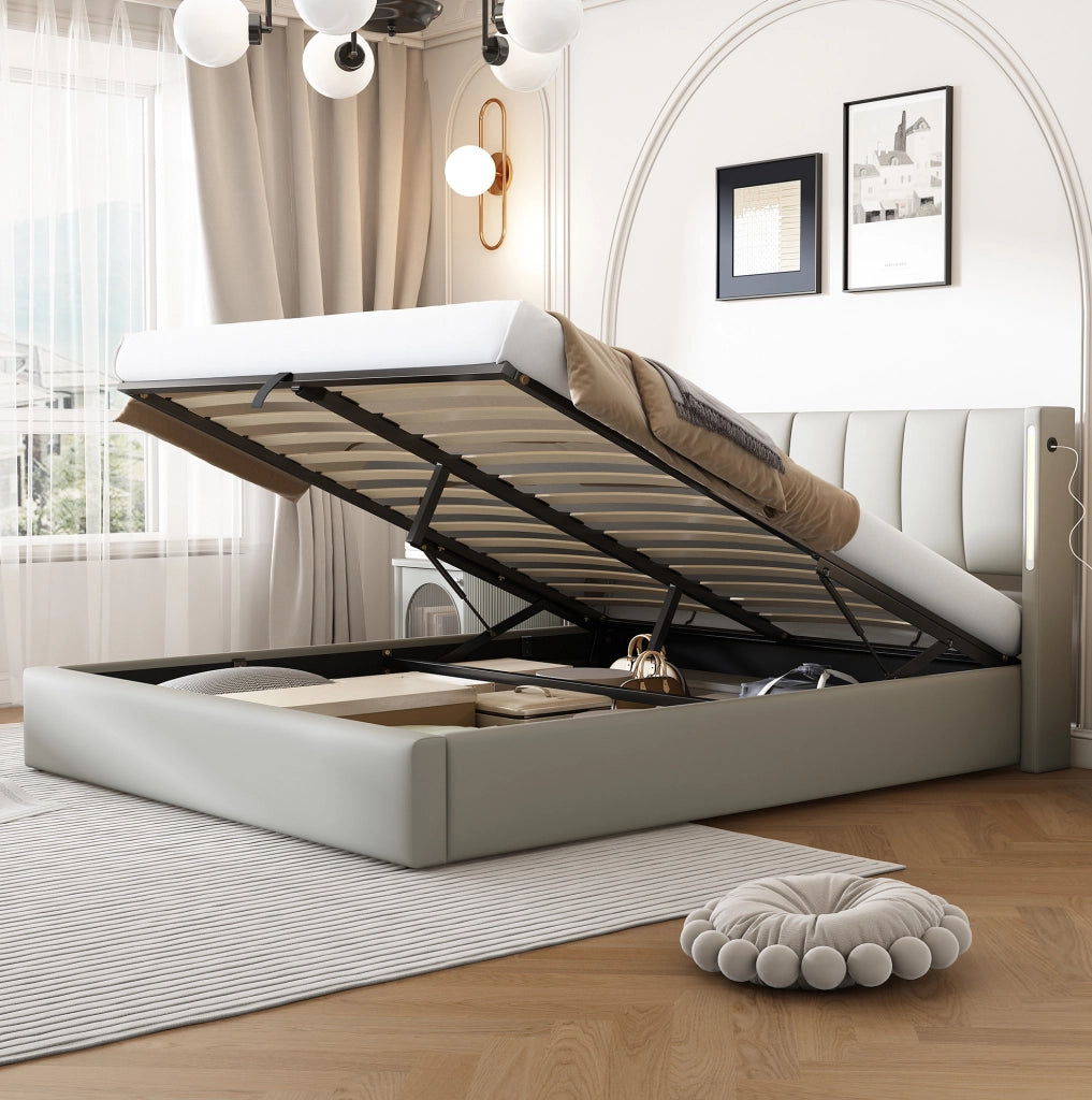 Letto imbottito 180x200 cm con LED, USB ricaricabile e vano contenitore