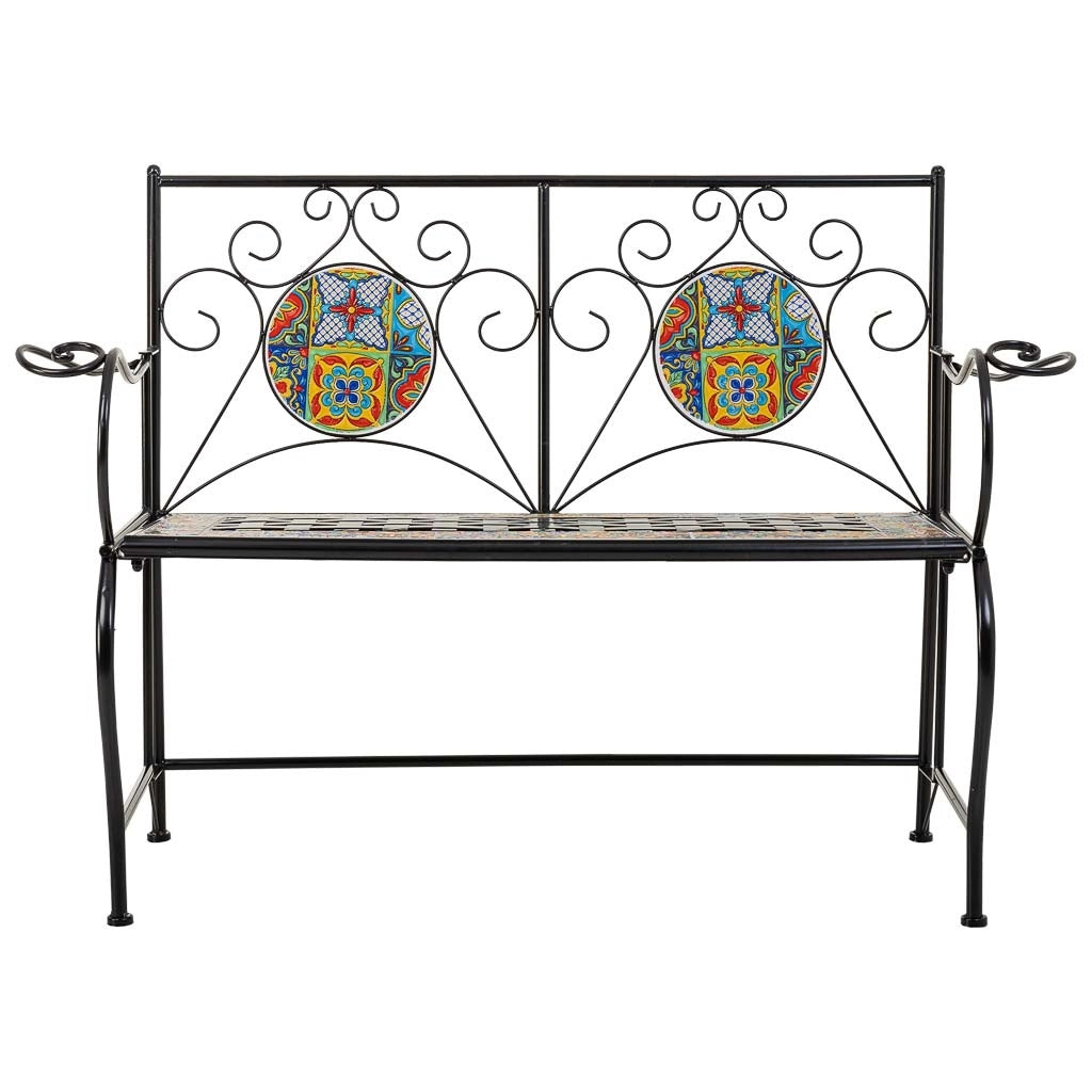 Sgabello in mosaico nero e ferro battuto 110x50x88h