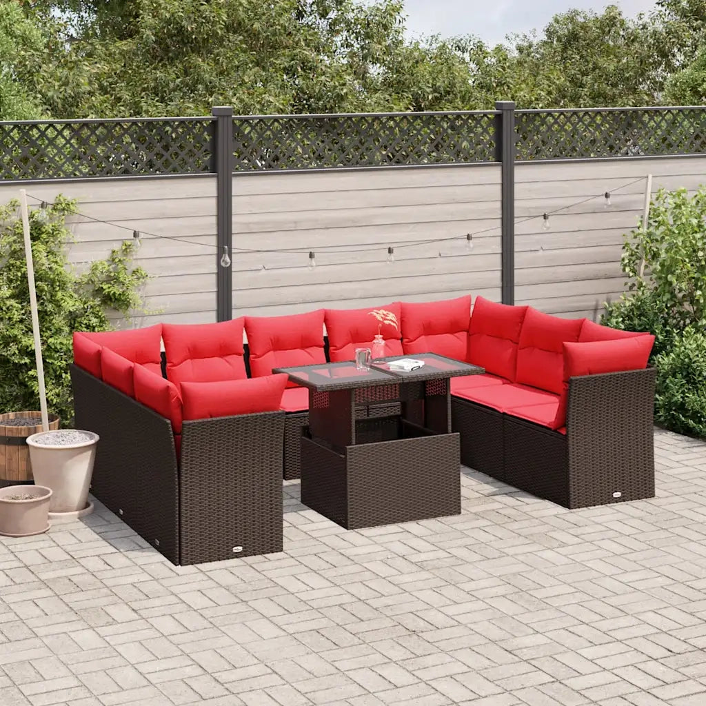 Set Divani da Giardino 10 pz con Cuscini Marrone in Polyrattan 3266824