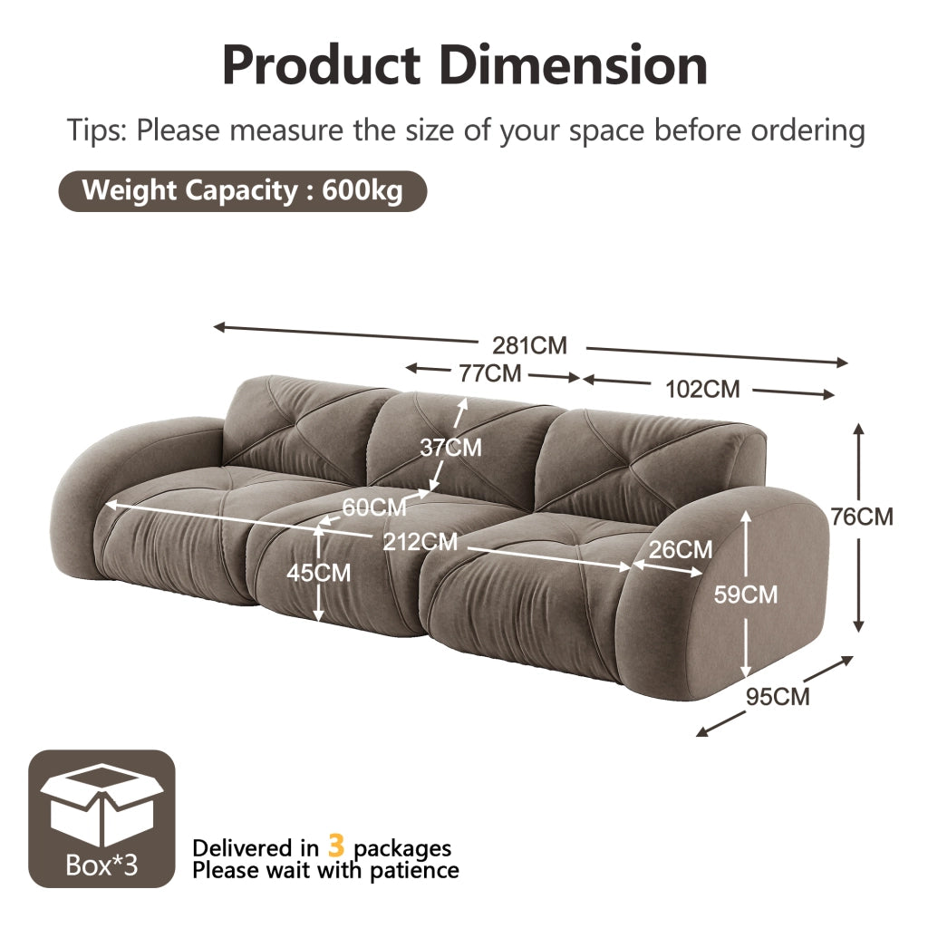 Divano modulare tre posti senza struttura con design antiscivolo e seduta ampia in chenille tortora 281 × 95 × 76 cm