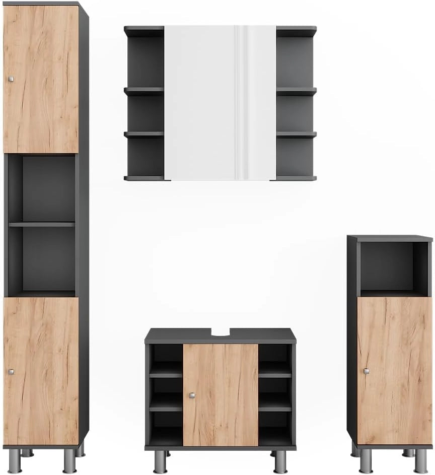 Set di mobili da bagno Fynn, Antracite/quercia dorata, 60 cm, composto da mobile lavabo, pensile a specchio, colonna e base media