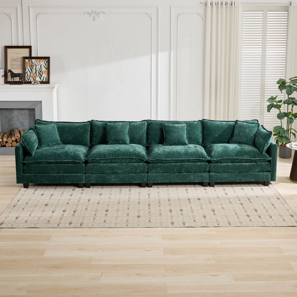 Divano modulare 4 posti in ciniglia con cuscini ergonomici e seduta a doppio strato, per soggiorno e appartamento, verde