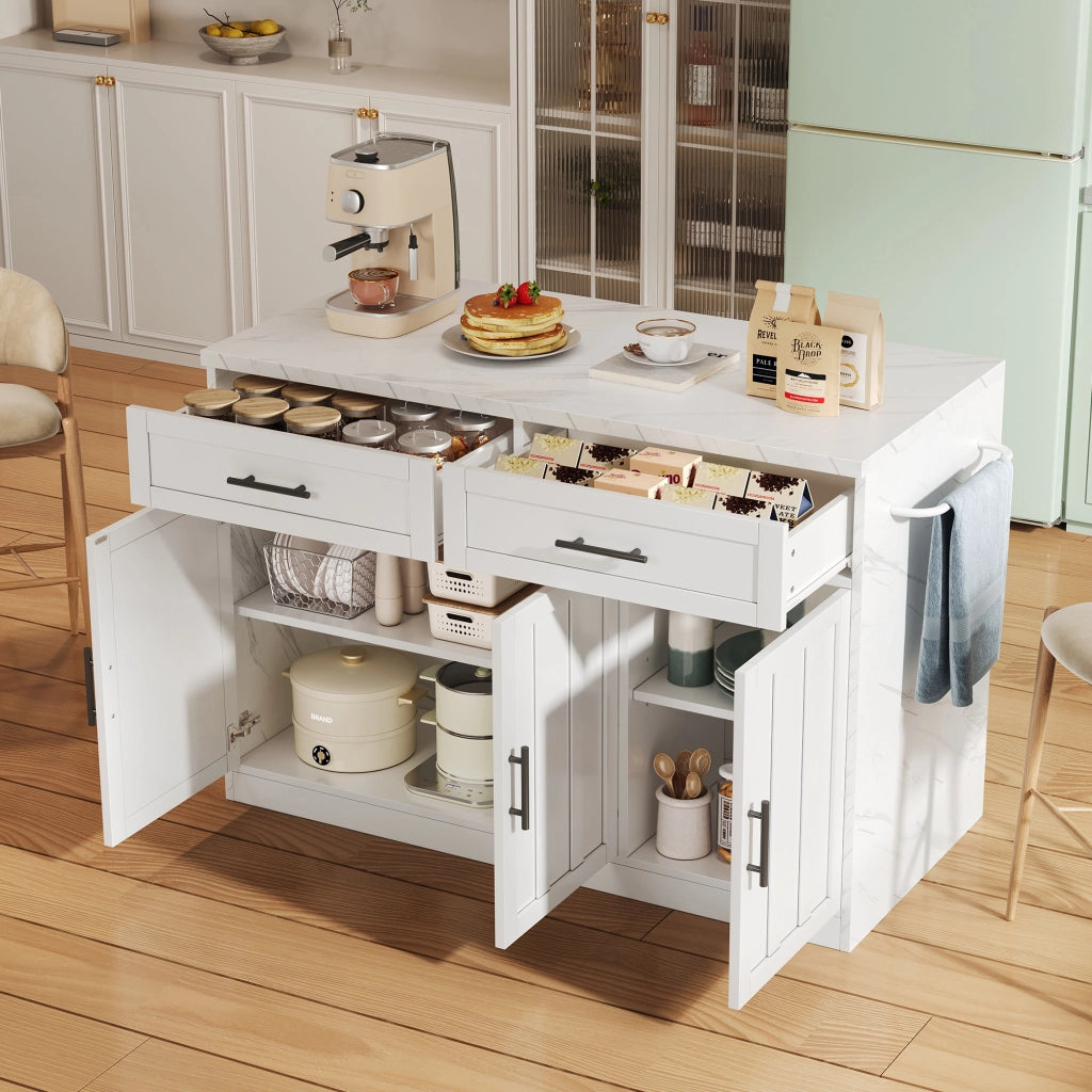 Isola da cucina 120x60x91 cm con piano bar, prese USB, cassetti e ante, bianco