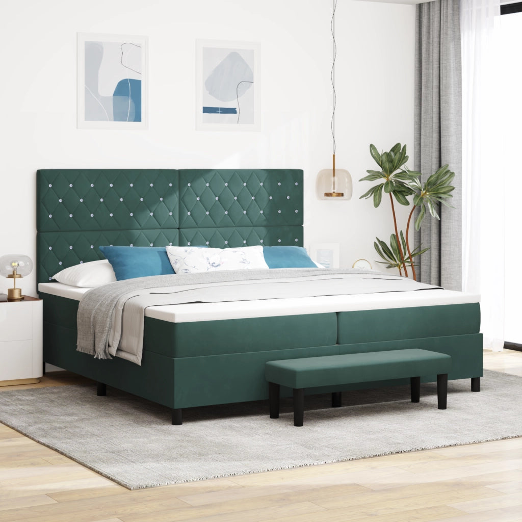Letto a molle con materasso e panchina verde scuro 200x200 cm velluto