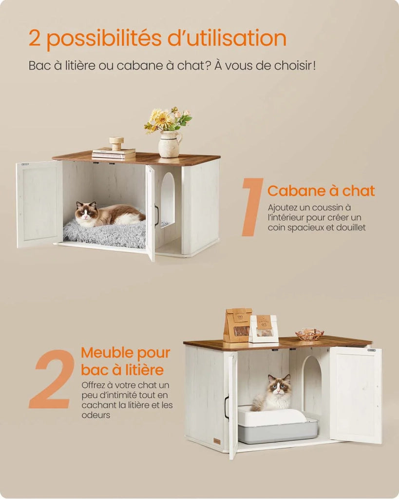Mobiletto per lettiera per gatti mobile moderno ingresso doppie ante maniglie cuccia per gatti tavolino laterale 85 x 48,5 x 50 cm bianco 12_0006514