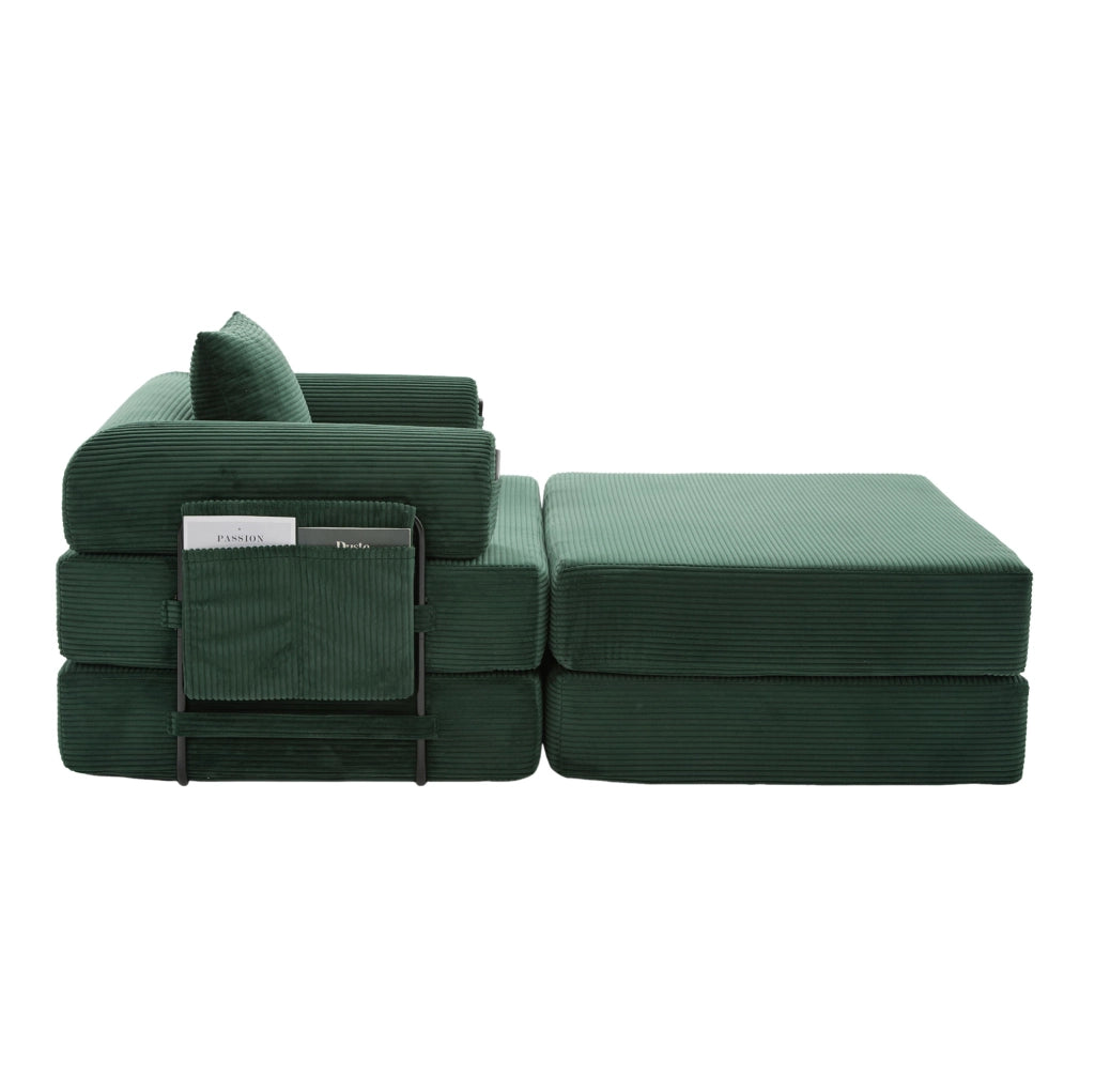 Divano modulare in velluto a coste color smeraldo con pouf; 112 x 190 x 67 cm