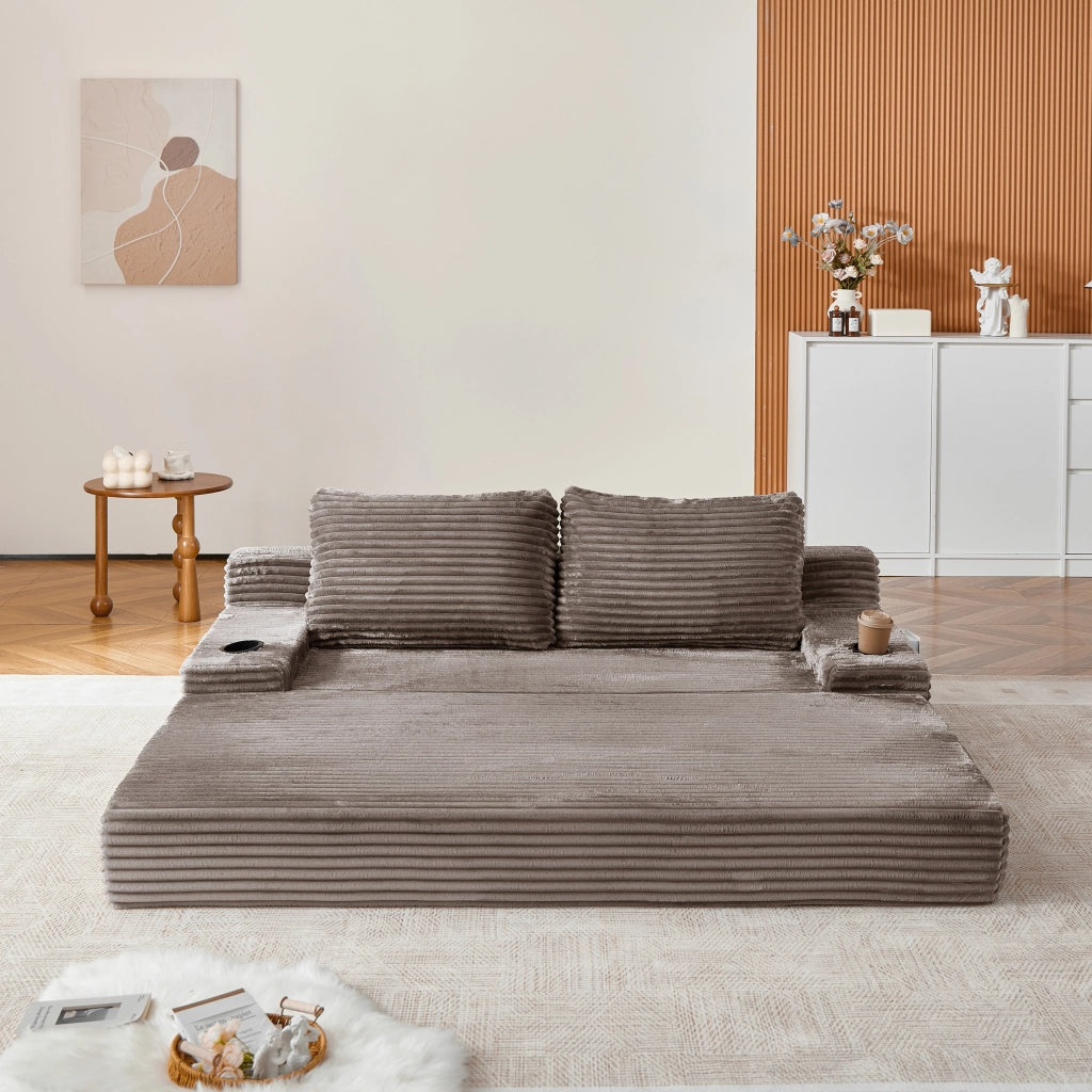 Divano letto 2 in 1 in velluto a coste marrone con portabevande laterali