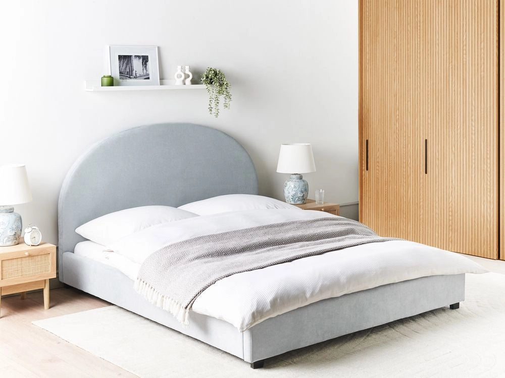 Letto matrimoniale in tessuto di ciniglia azzurro 140 x 200 stile retrò minimalista