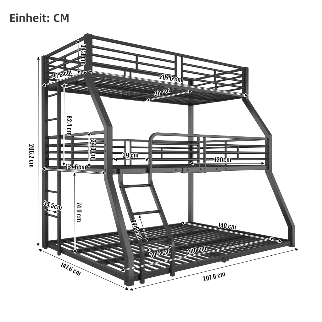 Letto a Castello Triplo 3 Posti con 2 Scale e Sponde; 90×200 cm; senza Materasso; in Metallo; Nero