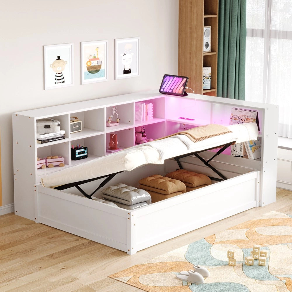 Letto Singolo Multifunzione con Contenitore, LED e Prese ¨C MINIMAL ¨C Legno Massello Bianco 90x200