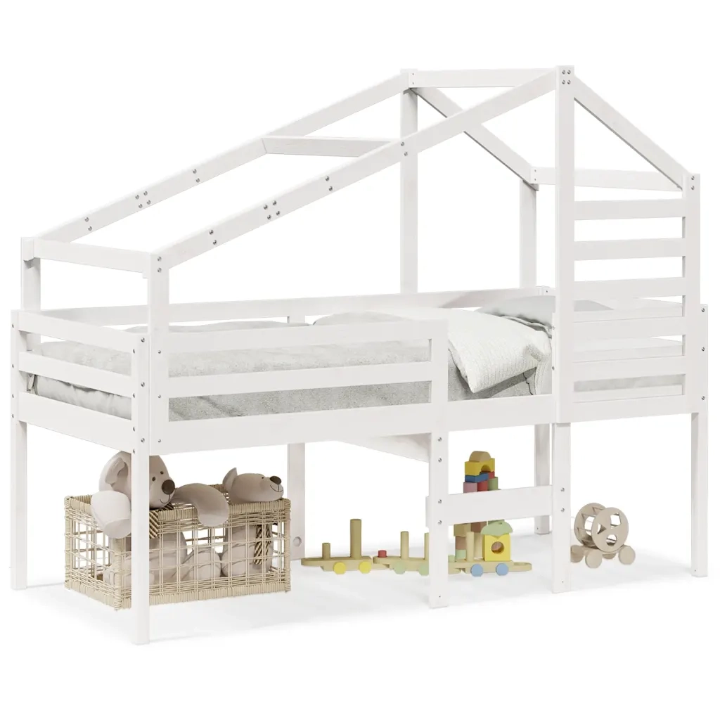 Letto singolo | Letto per adulti | Letto a Soppalco con Tetto Bianco 90x200 cm in Legno di Pino