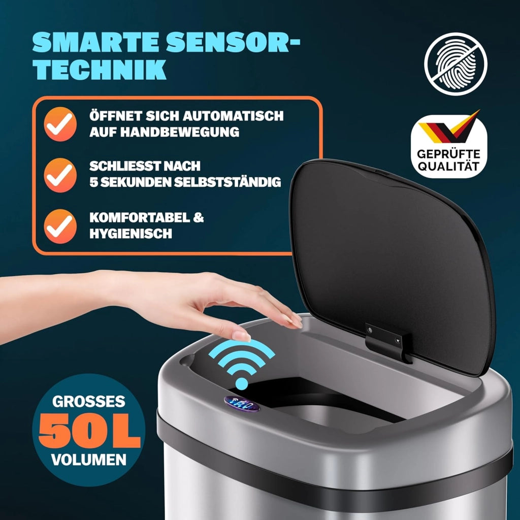 ® Cestino per Rifiuti con Sensore 50L in Acciaio Inox Pattumiera con Fissaggio Coperchio incl. Cavo USB Secchio Display LED