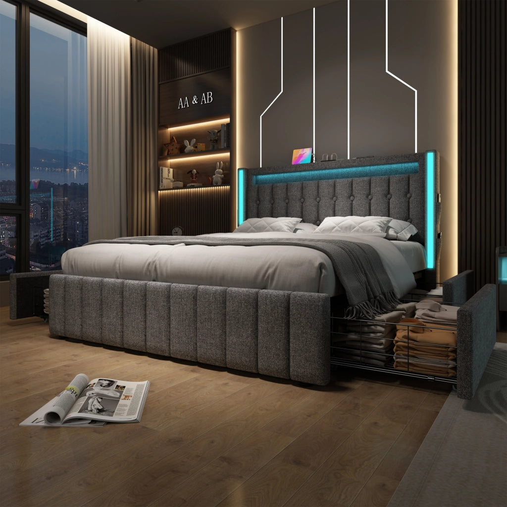 Letto matrimoniale imbottito 140x200 cm con LED, ricarica USB/Type-C e 4 cassetti, grigio