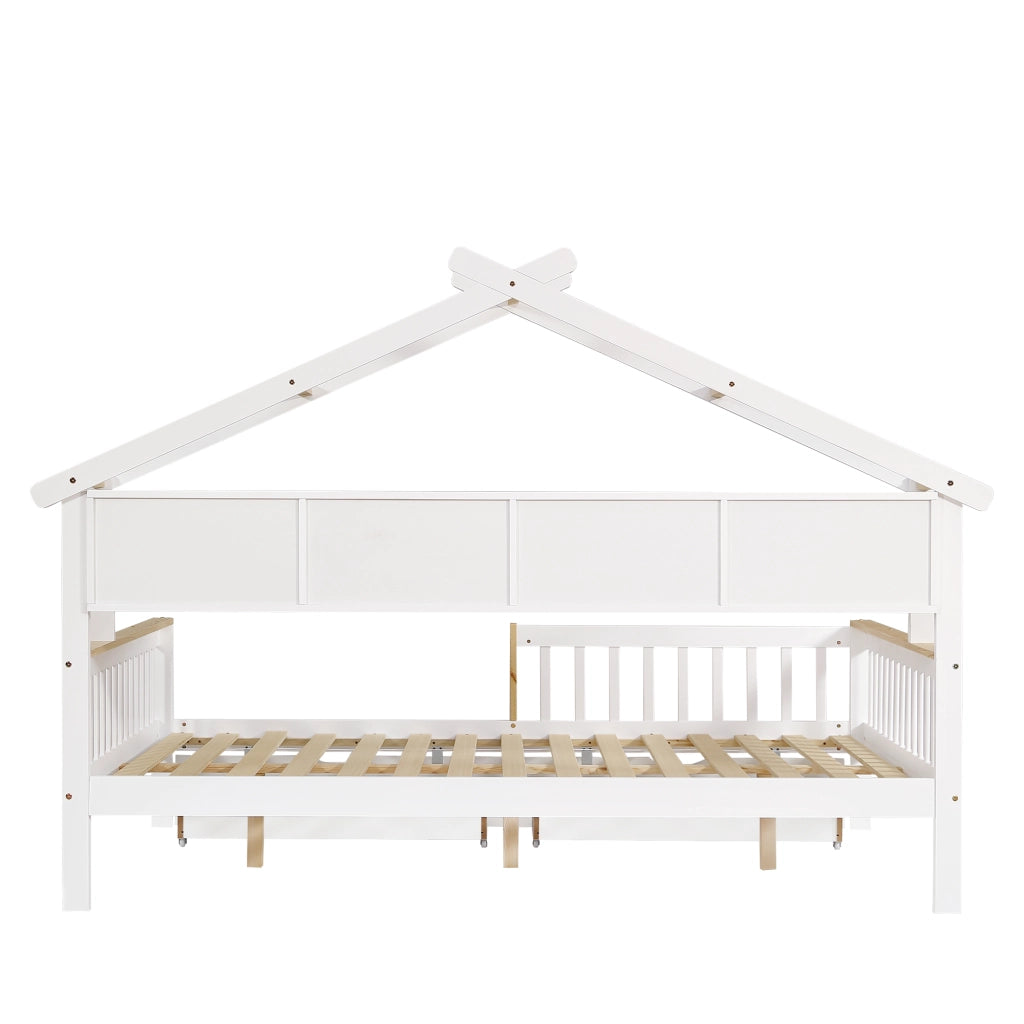 Letto a castello per bambini con protezione anti-caduta - Zephmum - Design tetto unico, 2 scaffali, 2 cassettoni, bianco/naturale, 140x200 cm